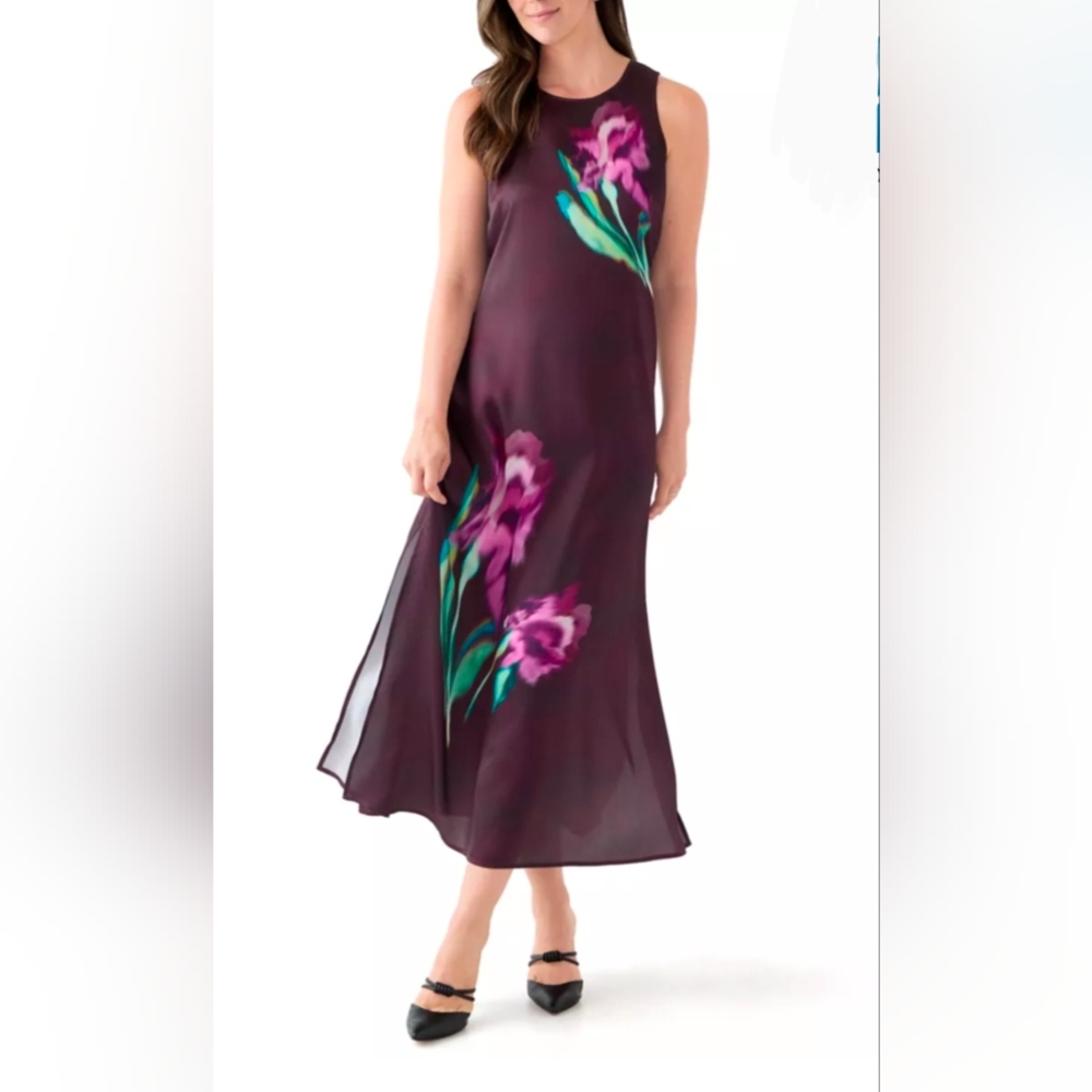 Medium Vince Camuto Purple Floral Print Satin Sleeveless Maxi Dress-NWT